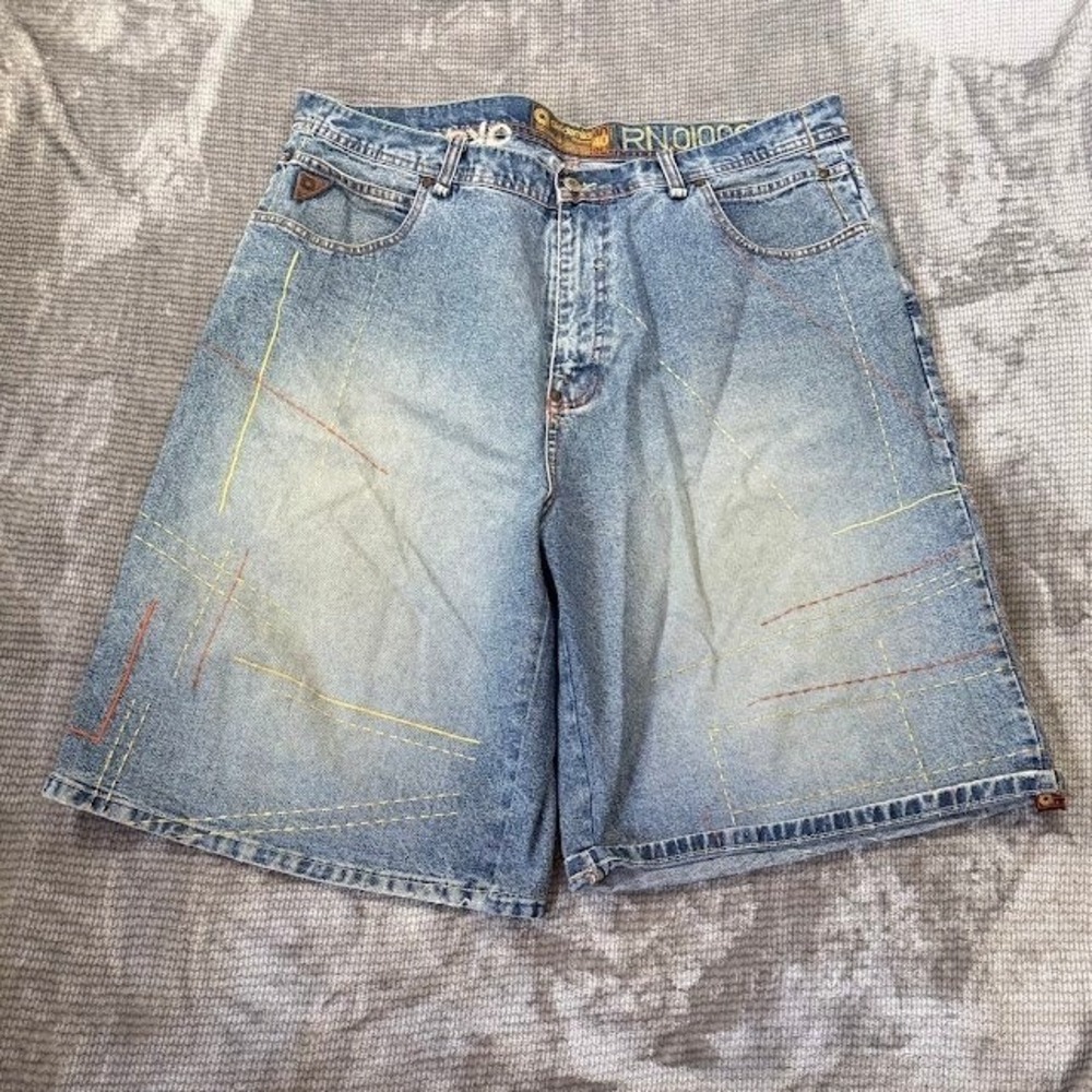 Akademiks Mens Baggy Denim Shorts 40X12‎ Blue Light Y2K Streetwear Embroidered